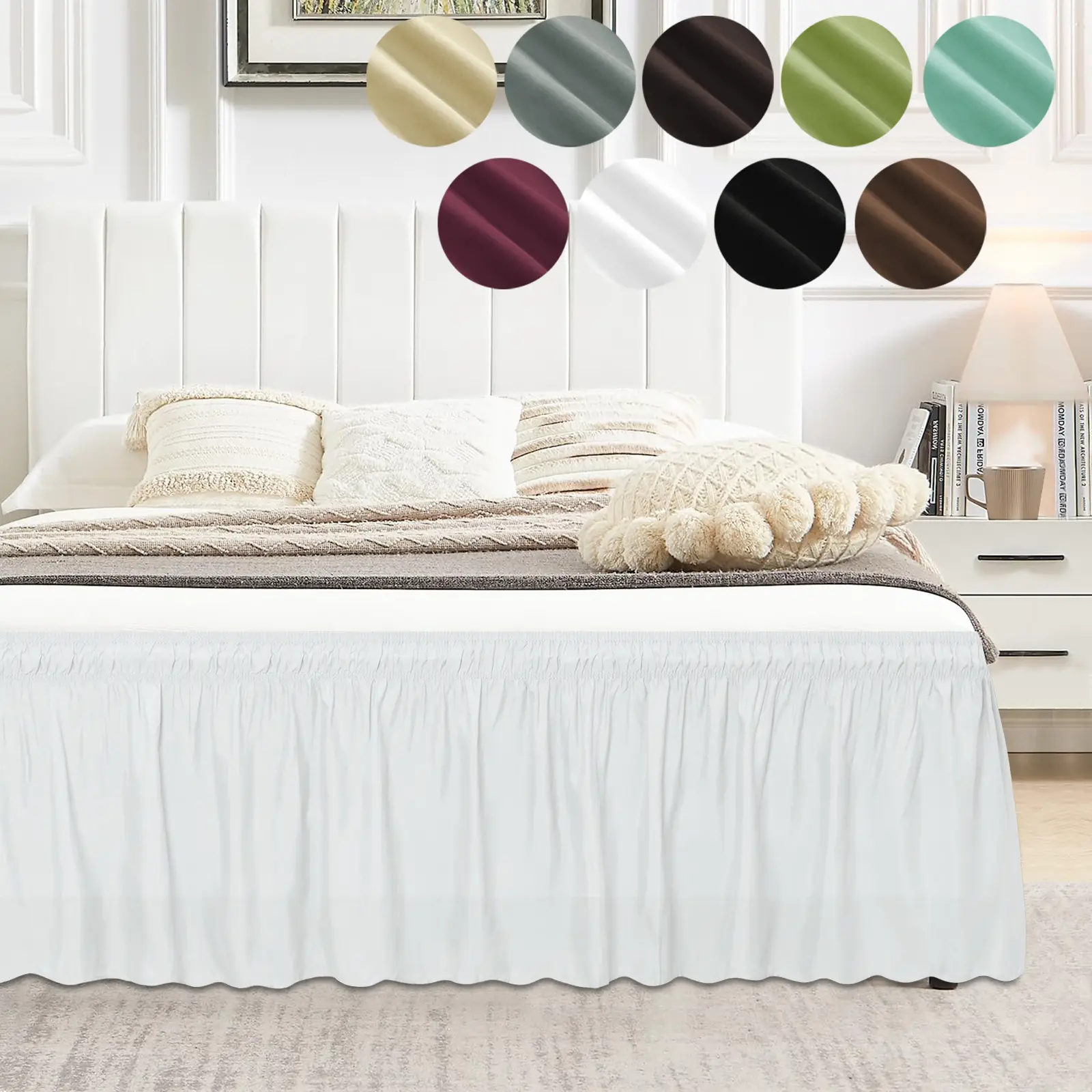 PureFit Ruffled Bed Skirt with Adjustable Elastic Belt - 14, 18, 22 Inch Drop, Solid Color Frame Cover for Queen, King and C-King Size Beds, Elegant D