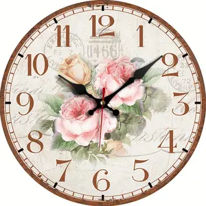 10 inch Vintage Floral Wall Clock - Silent Non-Ticking Round Wood Clock with Rose, Battery- (No Batteries Included) Suitable for Home Decor, Living Room, Bedroom, Kitchen - Elegant Style for & Pets