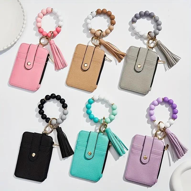 calico  pouches Boho Beaded Bracelet Wallet with Keychain & Tassel, Wristlet Purse for Women, Fashion Silicone Beaded Credit Card Holder Key Ring, Cute Birthday Gift for Women & Girls handbag  keychain small  trinkets trendy all-match birthday gift adult