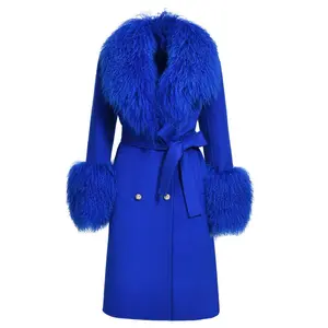 Double Cashmere Wool Coat With Mongolian Sheep Fur Collar and Cuff