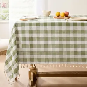 Spring Checkered Tablecloth Rectangle, Easter Outdoor Linen Cotton Gingham Table Cloth with Tassel, Heavy Duty Wrinkle Free Buffalo Plaid Table Cover for Picnic Camping - 55 x 84 Inch, Sage