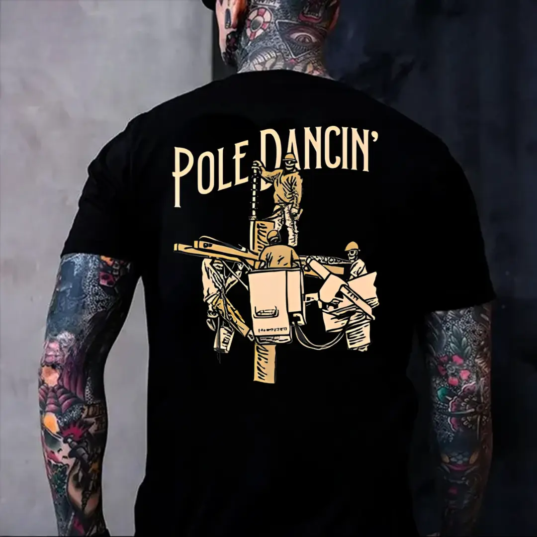 Pole Dancin Lineman Graphic Tee (Viral) Funny Electrician Shirt 180g 100% Cotton Blue Collar Workwear T-Shirt Labor Day Gift for Dad Husband Power Line Worker Unisex Casual Streetwear Short Sleeve TikTok Shop Deals