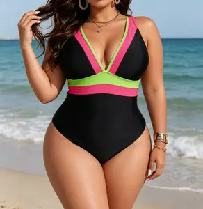 Plus Size Color Block One-Piece Swimsuit - Deep V-Neck with Pink & Green Trim, High-Cut Leg & Tummy Control, Full Support & All-Day Comfort, Ideal for Summer Pool Parties, Beach Trips and Vacation Activities Summer Vibes