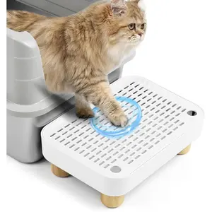 Cat Litter Box Step Ramp, Cat Litter Catcher Mat with Wooden Feet, Filter Function, Pedal Stool for Self-Cleaning Litter Box, Ideal for Kitten & Elderly Cats (White)