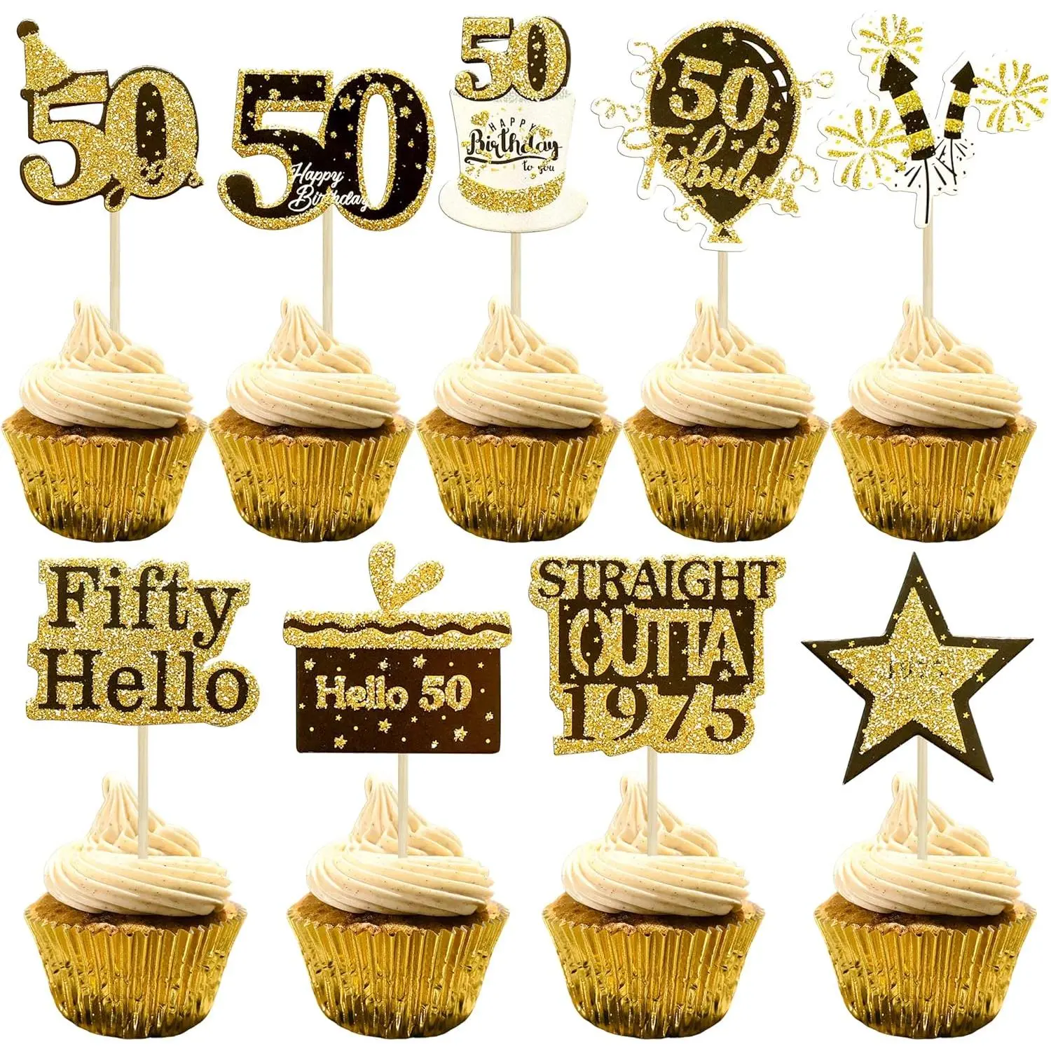 36Pcs 50th Birthday Cupcake Toppers – Glitter Black & Gold "Fifty" & "Straight Outta 1975" – 50 Fabulous Cake Picks for Birthday Party Decorations Insert Wedding