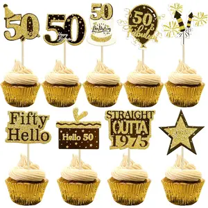 36Pcs 50th Birthday Cupcake Toppers – Glitter Black & Gold "Fifty" & "Straight Outta 1975" – 50 Fabulous Cake Picks for Birthday Party Decorations Insert Wedding