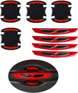 8pcs Universal  Carbon Fiber Car Door Handle Paint Scratch Protector Sticker Auto Door Handle Scratch Cover Guard Protective Film Car Outdoor Safety Reflective Strips (Red)