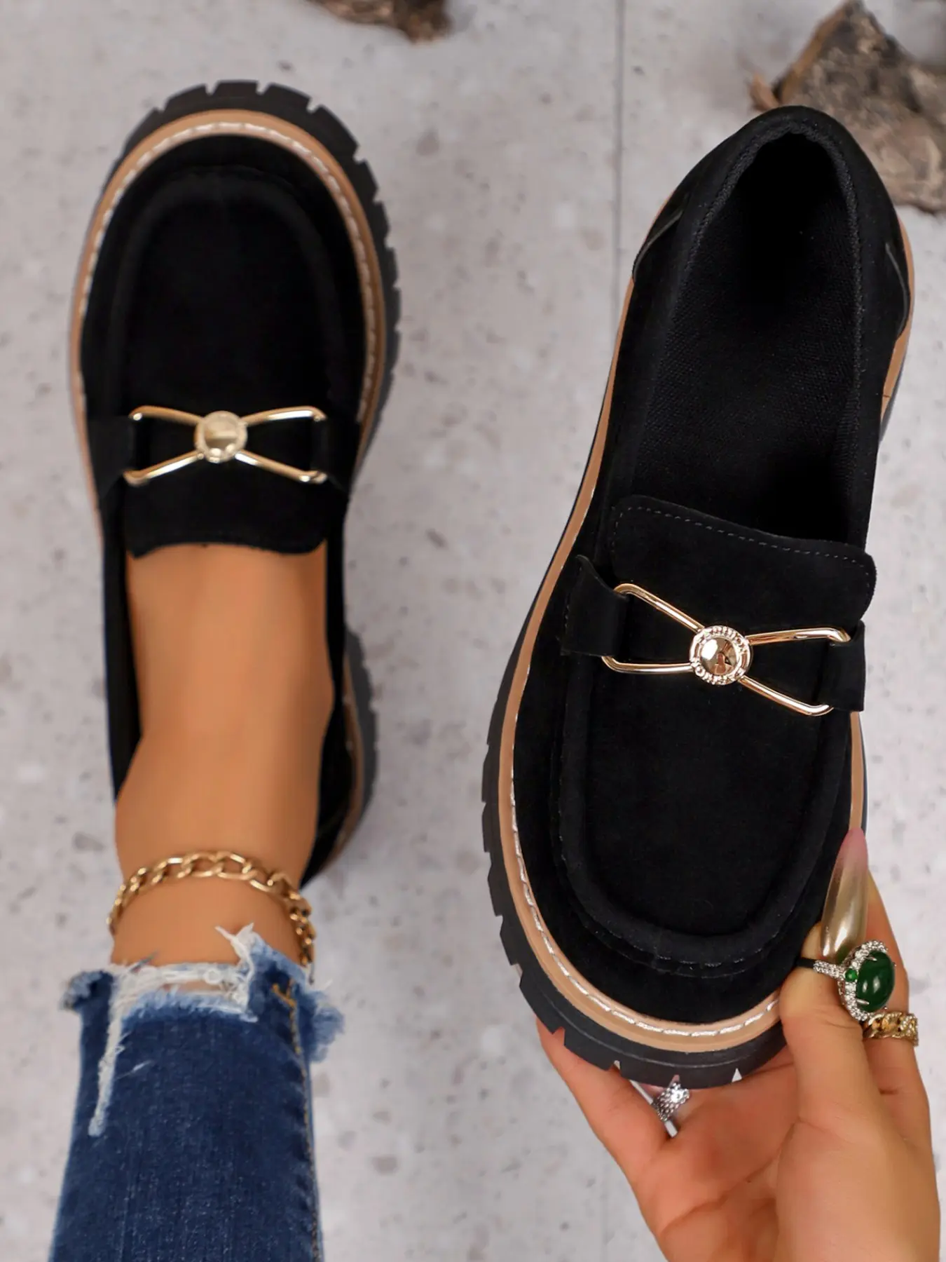 Women's Simple Loafer Single Shoe, Slip On Loafers, Fashionable Loafers, Plaid Shoes, Fashion Punk Round Toe Mid Heel Shoes, Comfortable & Stylish Casual Wear, Versatile Daily Footwear, Fall Casual Shoes