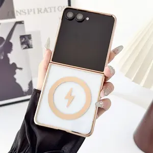 High-End Electroplated Magnetic Phone Case for Samsung Galaxy Z Flip7/6/5/4/3, Wireless Charging Compatible, Transparent, Luxury, Shockproof