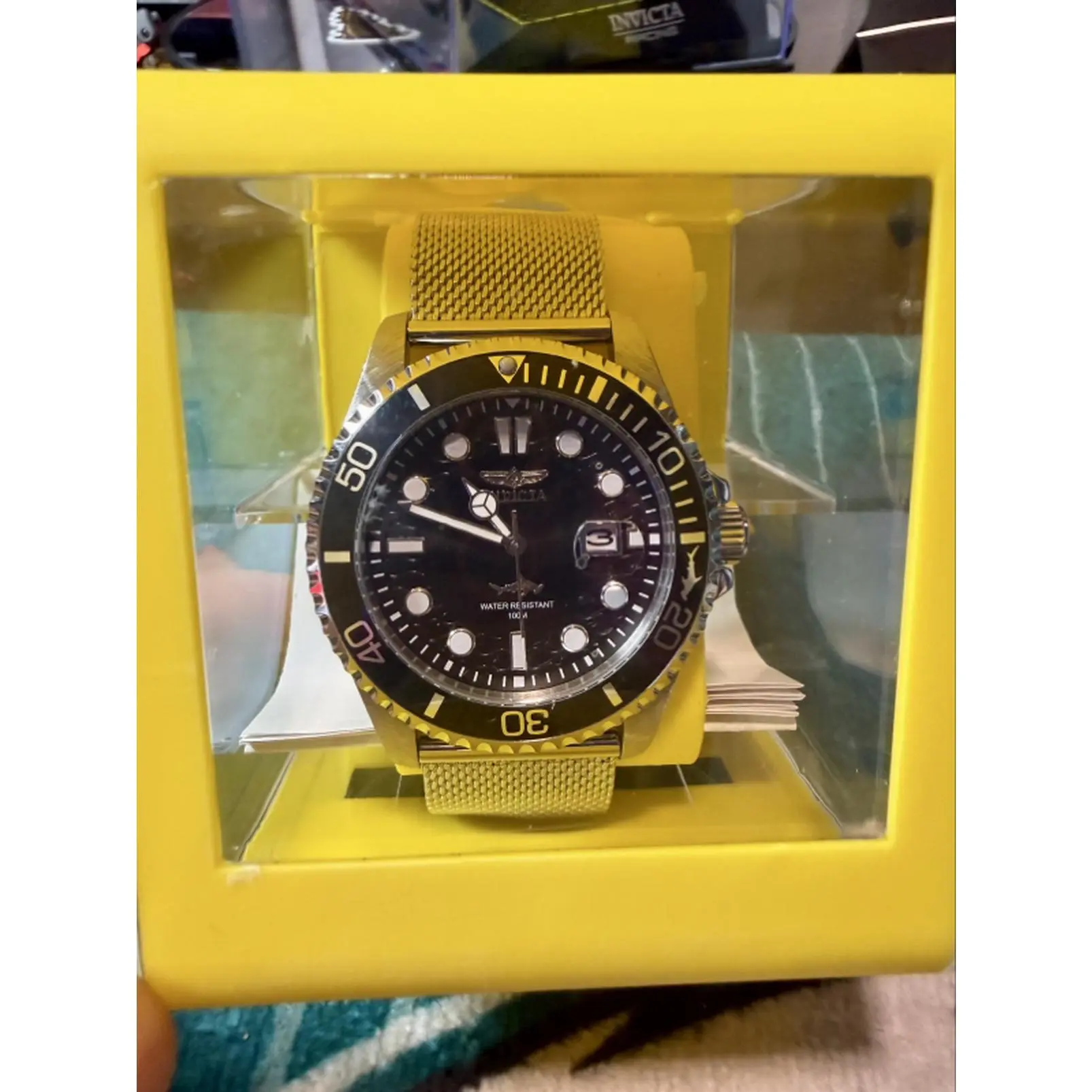 Invicta Pro Diver Curve Striking designed Black Dial SS Mesh Bracelet with Invicta clear & yellow box.
