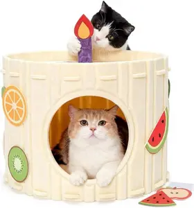 Cute Cat Cave for Indoor Pets, Perfect Cat Cave for Kitten and Puppy, Cozy Cat Bed Cave with DIY Stickers, Cake Style Cat Bed Cave