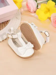 Girls' Solid Color Bow PU Velcro Design Flat Non-Slip Cute Princess Shoes, Perfect for Spring & Fall, Comfortable and Stylish, Bowknot Design Shoes, Solid Color Flats