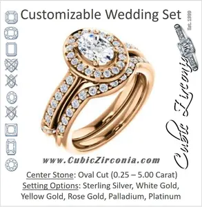 CZ Wedding Set, featuring The Susie Pat engagement ring (Customizable Cathedral-set Oval Cut with Halo, Pavé and Horizontal Band Accents)