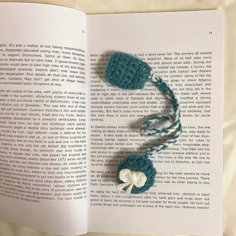 Crochet Book and Cushion Bookmark - Handmade Blue Yarn Page Marker for Reading Enthusiasts