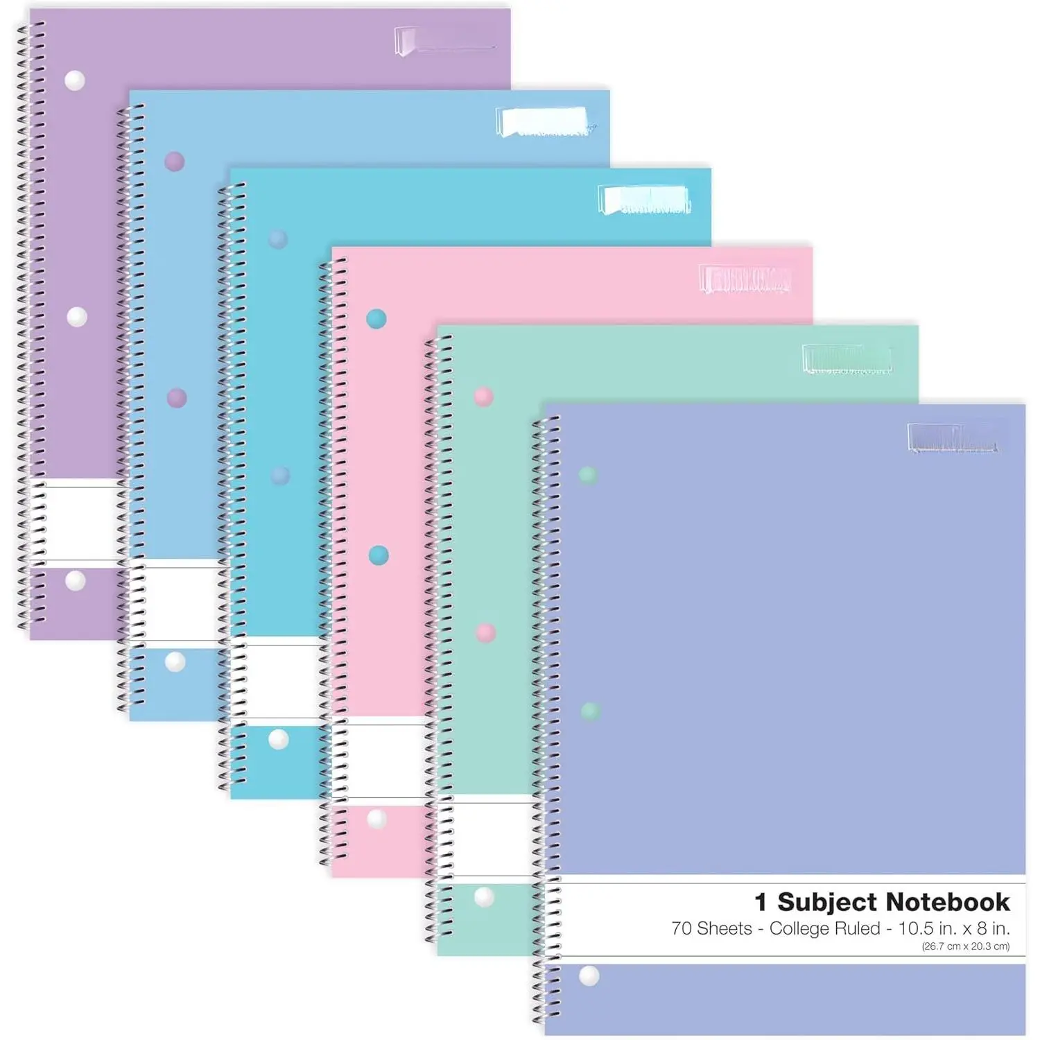 Spiral Notebooks, 6 Pack, 1 Subject, 70 Sheets, 10.5 x 8 inches, 6 Assorted Pastel Colors (College Ruled)