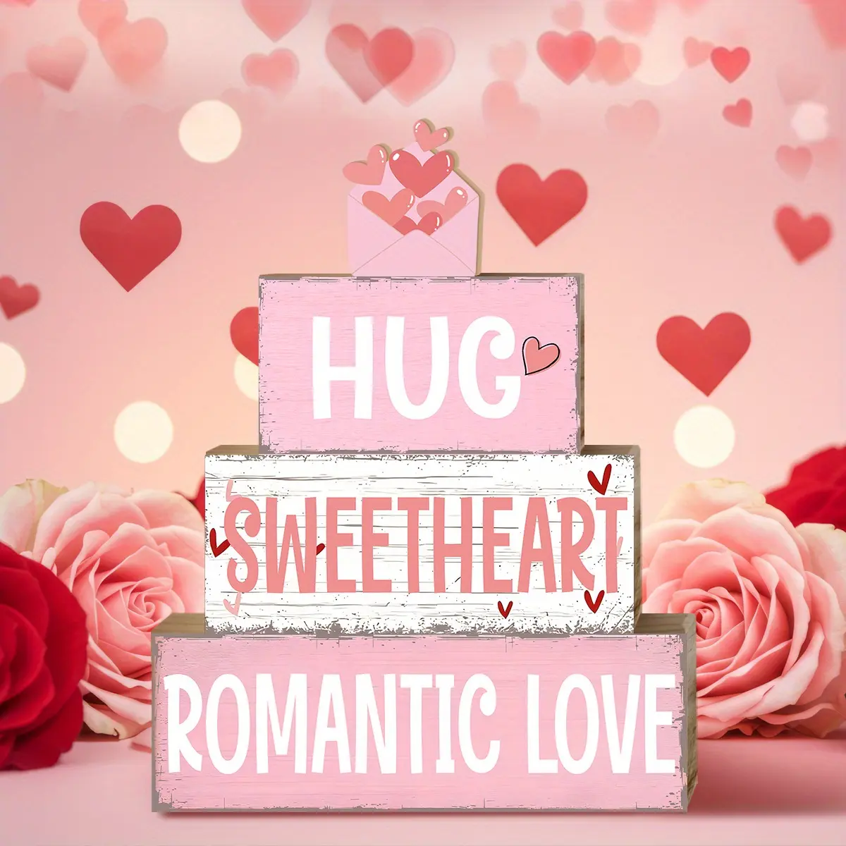 4 Pcs Valentine Table Decor Wooden Red Love rose Decoration, Valentine's Day Your Smile Centerpiece, Sweet home Tiered Tray Decor Red Heart Block Signs Gift for Farmhouse Home Kitchen, valentine's day display set
