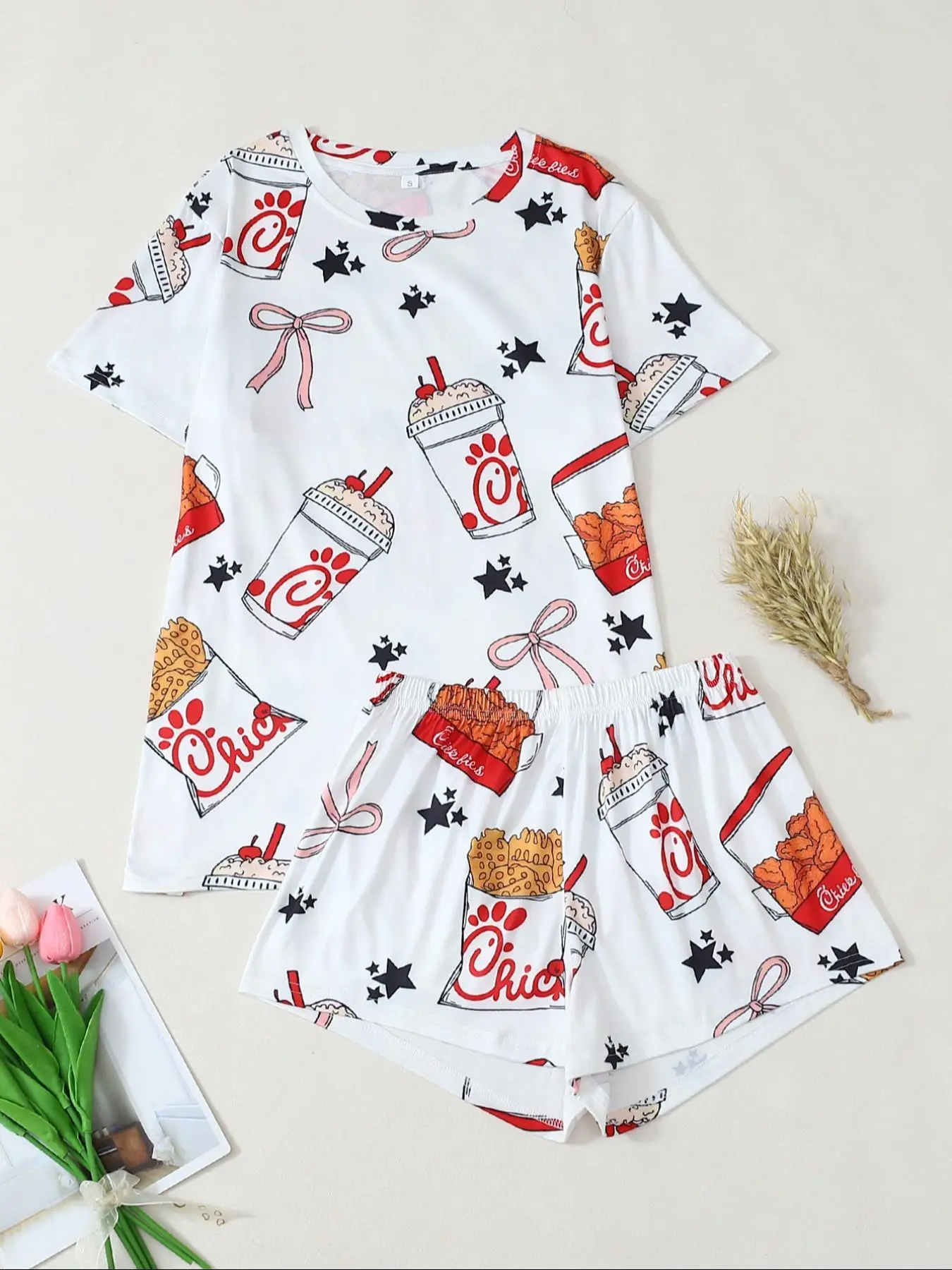 Women's All Over Print Tee & Shorts Pyjama, Casual Comfy Round Neck Short Sleeve T-shirt & Shorts Pj Set, Ladies Summer Sleepwear, Loungewear, Pajamas