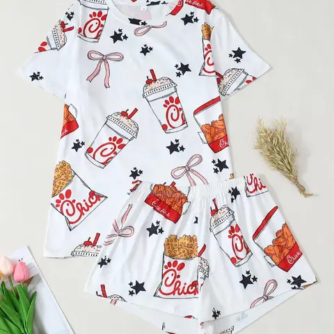 【Black Friday】Women's All Over Print Tee & Shorts Pyjama Set, Casual Comfy Round Neck Short Sleeve T-shirt & Shorts Pj Set, Ladies Summer Sleepwear, Loungewear, Pajamas