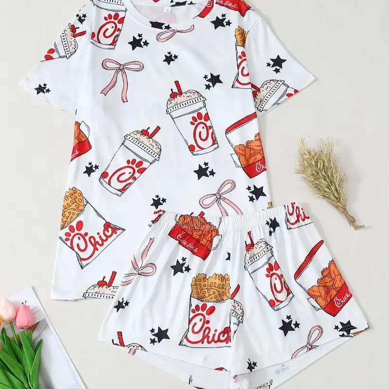 【Black Friday】Women's All Over Print Tee & Shorts Pyjama Set, Casual Comfy Round Neck Short Sleeve T-shirt & Shorts Pj Set, Ladies Summer Sleepwear, Loungewear, Pajamas
