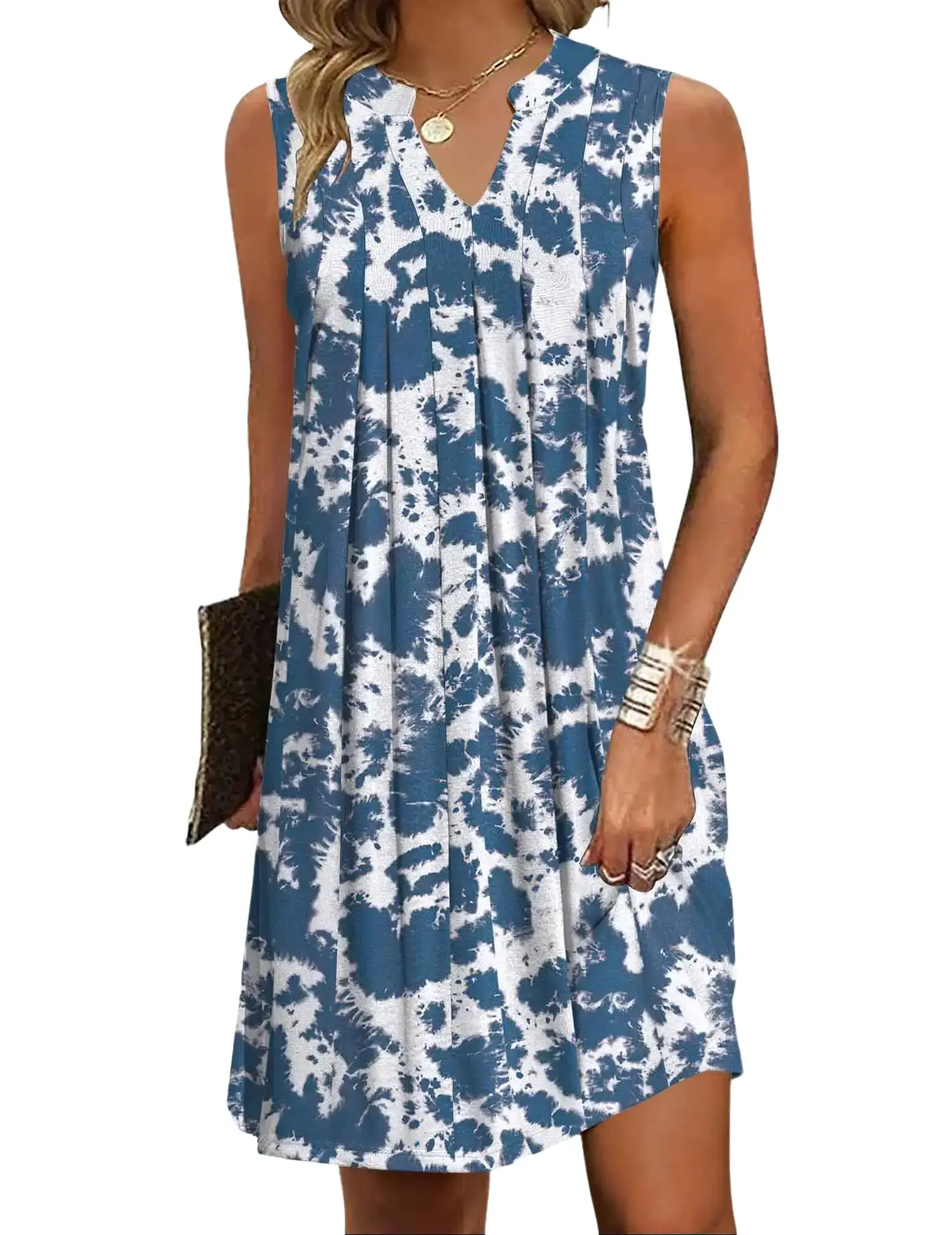 ZEAGOO Women's Casual V-Neck Sundress, Chic A-Line Pleated Boho Dress with Pockets for Work, Comfortable & Breathable