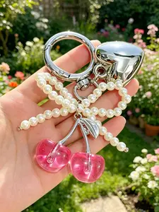 Cherry Pearl Bag Charm Keychain, Heart Design Keychain, Silver Heart Y2K Retro Accessory for Bags, Purse & Tote,rendy Cute Pink Red Cherry Charm with Pearl Chain for Bridesmaid Gifts, Daily Use, Keychain for Women Accessories, Bag Decoration & Keyring