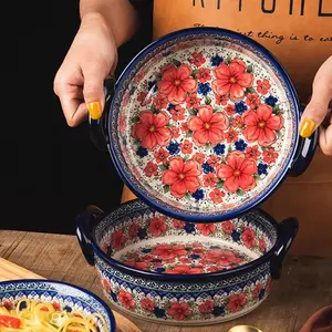 One Piece of Vintage-Inspired Ceramic Casserole Dish Featuring Plum Flowers, Suitable for Baking Lasagna And Other Dishes, Complete with Handles for Oven Use.
