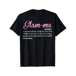 Women's Glamma Called Grandma Italian Grandma Spanish Abuela English Translation T-Shirt - Black Loose Fit Short Sleeve Round Neck Tee with Pink Lettering & Grandma Saying, 180gsm Casual Gift for Italian/ Spanish/English Grandmas