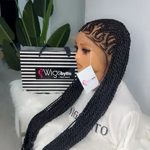WIGSBYITO Beautifully Handmade Black Synthetic Cornrow Braided Wig 360 Full Lace Cap with Twist Curly Tip Natural Look