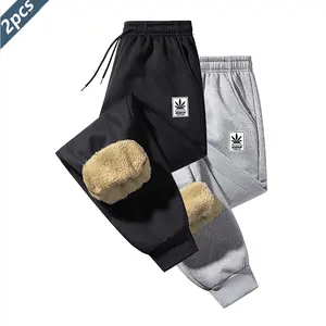 Men's Casual Fleece Pants Set - 100% Polyester Fiber, Thick Sherpa Lining, Slant Pockets, Solid Color, Stylish & Comfortable