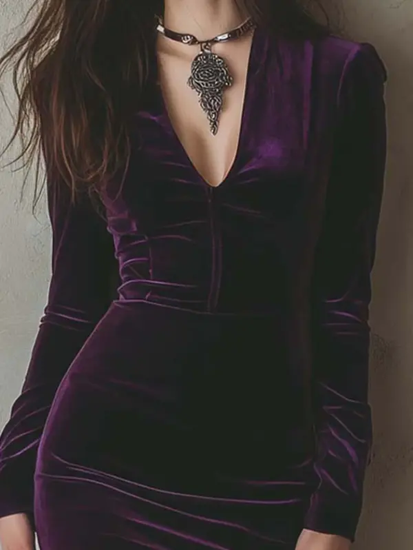 Women's Formal Refined Elegance Purple Woven Velvet Slim-Fit Long-Sleeve Midi Dress with Gold Threads, Statement Piece, Women's Clothes
