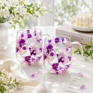 2PC 350ml Double-layer Glass Flower Tea Cup, Heat-insulated Coffee Cup with Built-in Dried Flowers, Transparent Water Mug for Home & Office, Summer Cool Drinking Cup. Glossy finish, lightweight and durable, perfect gift for women, reusable design.