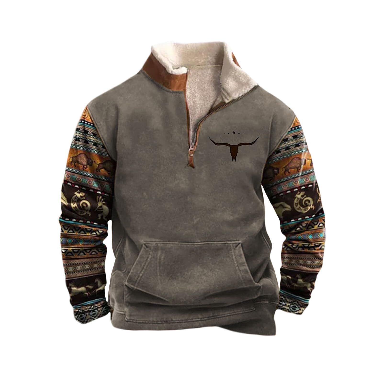 Retro Bull Head Half Zip Sweatshirt with Unique Design - Show your personality with this stylish retro style pullover,S,brown