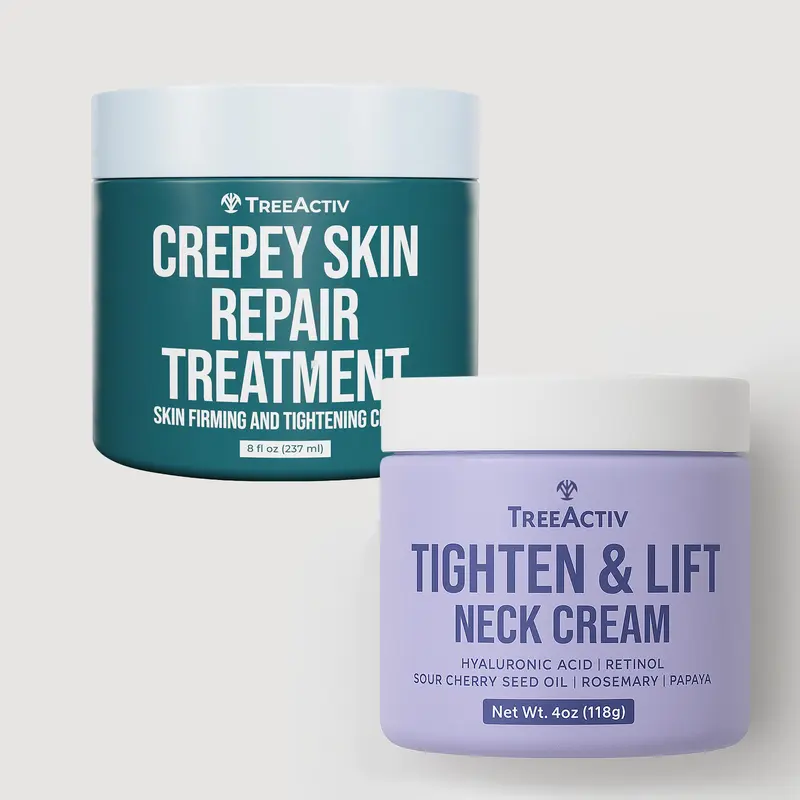 TreeActiv Crepey Cream & Tighten Lift Neck Cream Duo - Skin Firming Tightening Treatment with Hyaluronic Acid Glycolic Acid and Retinol for Crepey Skin Repair - Body Care