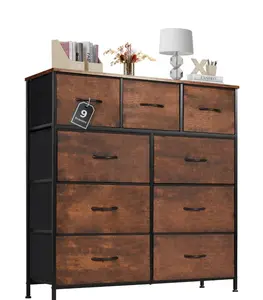 Dresser for Bedroom, 9 Storage Drawers, Anti-Tip Tall Fabric Closet Chests Organizer Tower Furniture with Wooden Top Metal Frame for Clothes, Kids Room, Living Room, Hallway, Entryway