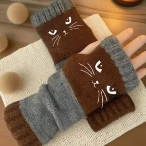 Women's Knitted Fingerless Gloves, Cute Cat Embroidery Hand Warmers, Soft Cozy Material, Fashion Winter Accessories for Casual Wear, Holiday Outfits and Cold Weather Daily Use