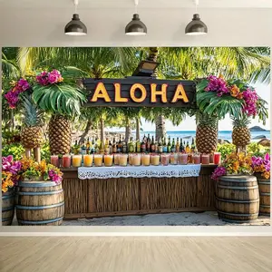 Hawaiian Tropical Party Banner, 2D Background Cloth, Sun Beach Palm Tree Pineapple Flower Pattern, Summer Party Decorations