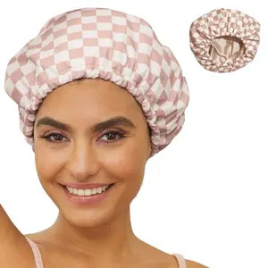Women's Luxury Waterproof Bath Cap, Satin Shower Cap, Selective Water-Resistant Fabric, Effective Moisture Barrier, Soft Satin Lining, Reusable and Easy to Clean