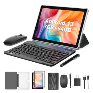 10 inch Tablet Android 13 Tablets, 7(3+4) RAM, 64GB ROM, 1TB Expand, 4-Core CPU,5G Wifi,2+8MP Camera, 2 in 1 Portable Device with Keyboard, Mouse, Case, Stylus, Perfect Gift