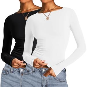 【IECCP】Women's Solid Color Round Neck Long Sleeve Slim Fit Short T-Shirt,cotton womenswear boat crop essential everyday fitted lightweight pastel piece long sleeve Top Stretchy Comfort Tshirt Streetwear Summer Women's Double-Lined Basic Crewneck