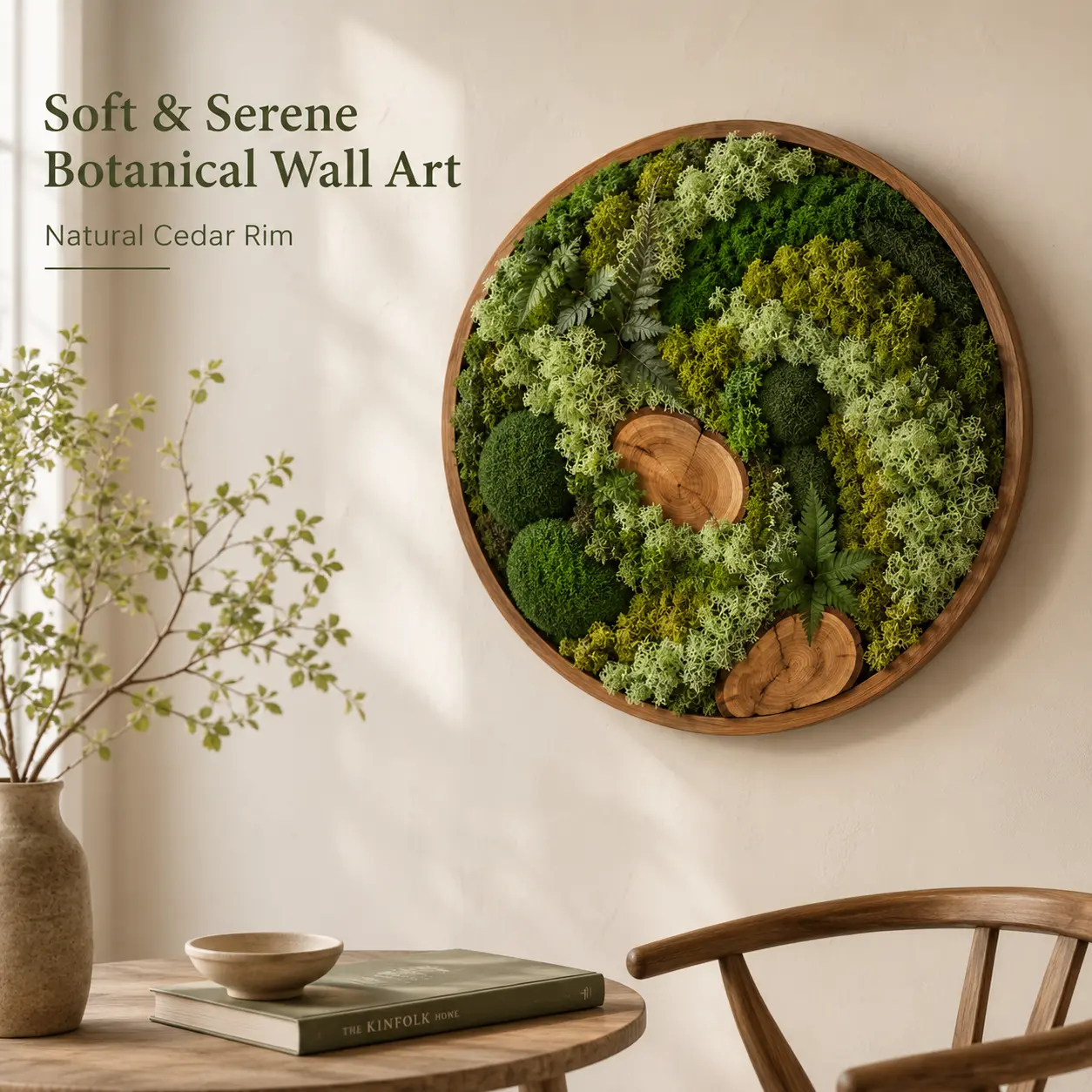 Minimalist Circular Moss Wall Decor, Preserved Moss Art with Raw Wood Slab, Black Frame Green Nature Wall Hanging