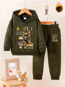 Boys' Cartoon Print Hoodie & Sweatpants Set, Fall Winter Fleece-Lined Warm, Cute Kids Clothing Gift for Birthdays Holidays