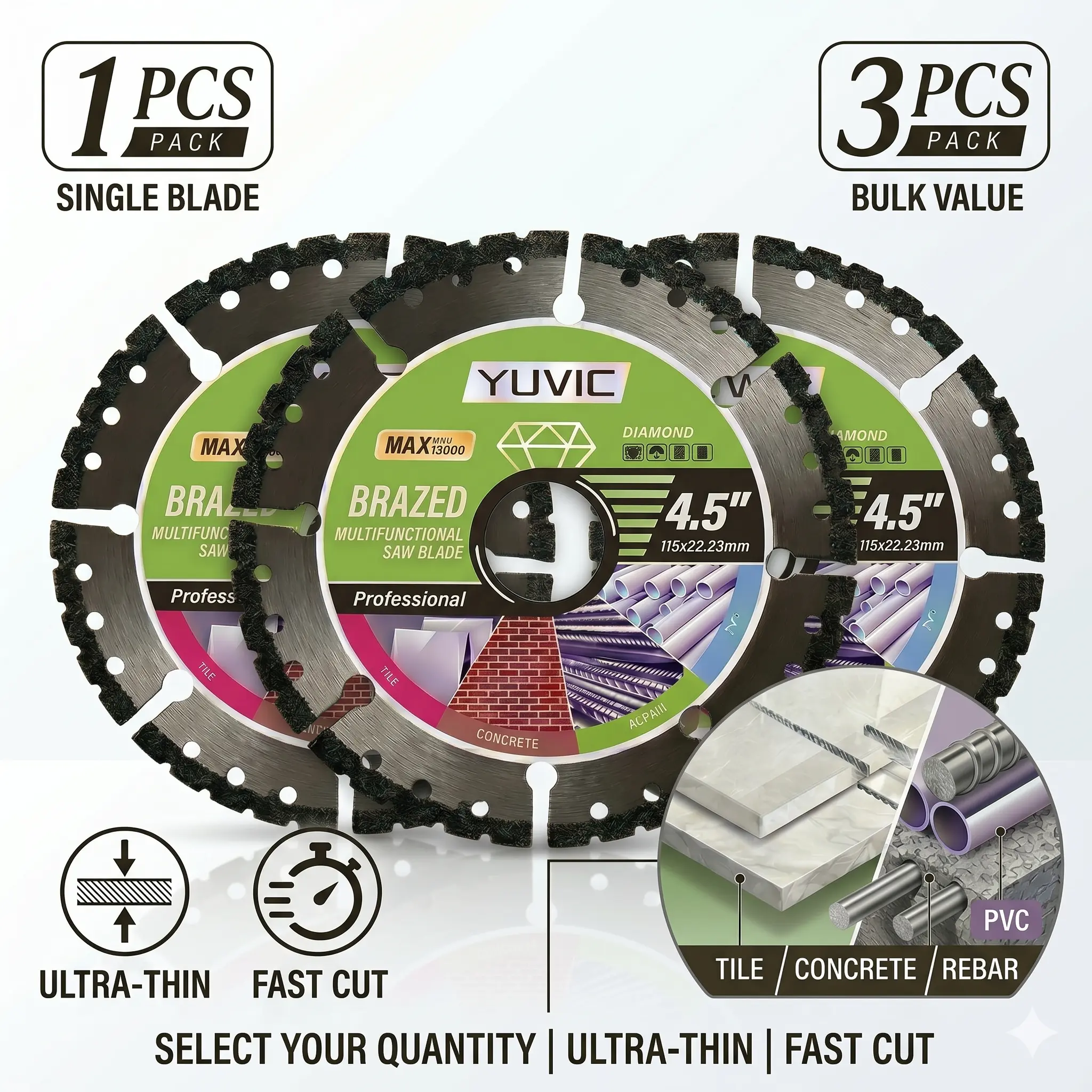 YUVIC 4.5 Inch 1PC/3PCS Multi Material Cutting Blade Dry Cutting Disc for Metal Tile Stone and Plastic Angle Grinder Accessories 115mm Diamond Saw Blade