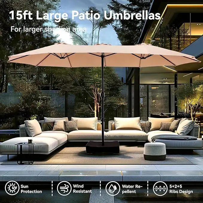 [Crazy Price] Large Outdoor Umbrella with Weighted Base and 2 Sandbag, 15/10/9Ft LED Light Option,  Crank Handle, Waterproof, Accommodates 10 People, Great for Poolside, Garden, Lawn, Backyard, Deck & Beach, Outdoorfurnitureset