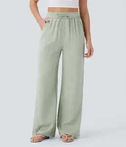 Halara High Waisted Drawstring Pocket Wide Leg Baggy Casual Linen-Feel Pants