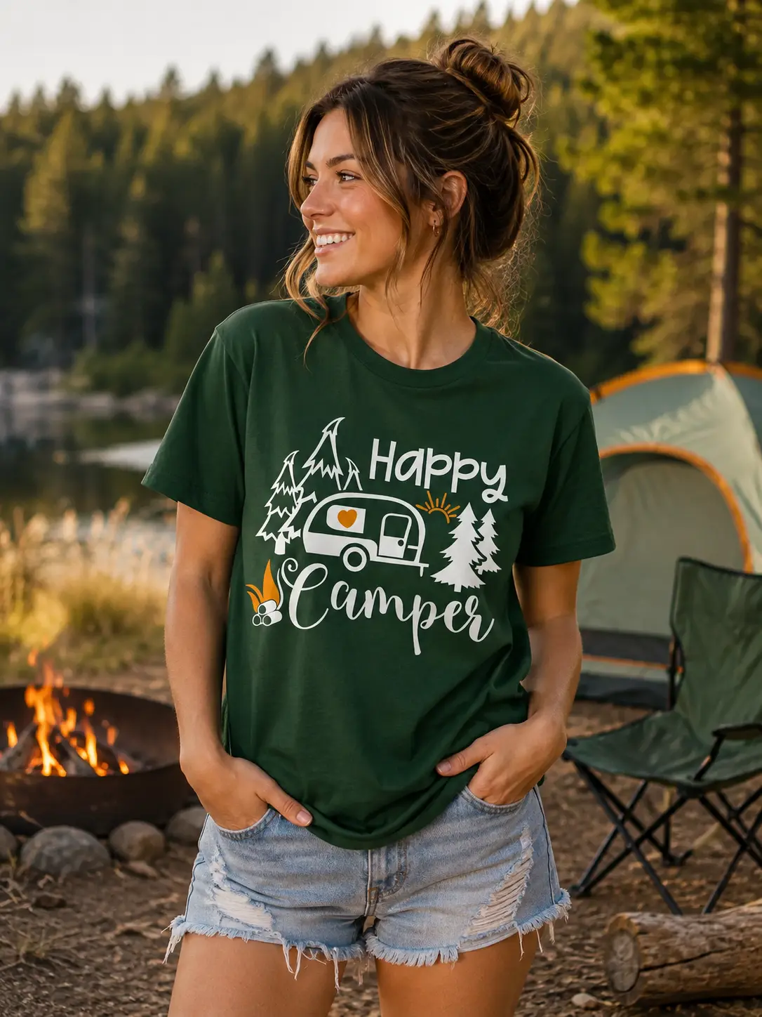 Happy Camper Trailer – RV Life Shirt, Camping Graphic Tee, Camper Van Adventure Shirt, Road Trip Travel Apparel, Outdoor Camping Lover Gift, Weekend Getaway Tee, RV Traveler Shirt, Unisex Graphic T-Shirt