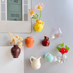8PCS Cute Mini Ceramic Vase Magnets for Fridge, Mini Bud Vases Magnetic, Tiny 3D Plant Vase for Refrigerator Decoration Kitchen Locker Kitchen Office