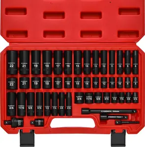 3/8" Drive Impact Socket Set, 49 Piece Standard SAE and Metric Sizes (5/16-Inch to 3/4-Inch and 8-22 mm), 6 Point, Cr-V Steel Socket Set