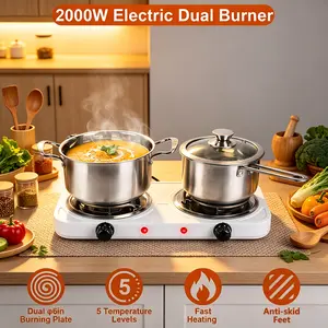 1Pc 2000W Electric Double Burner For Spring Season Cooking Portable Coil Heating Hot Plate Stove Countertop RV Hotplate With Non Slip Rubber Feet 5 Temperature Adjustments