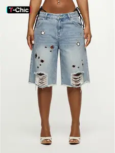 Women's Fashion Streetwear Denim Jean Bottom Button Fitted Mid-Thigh Pants Spring Summer New Design Ripped Hollow Out Trendy Pocket Pairing Women's Mid-Thigh Pants Aesthetic Womenswear