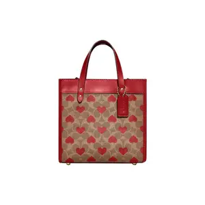 Coach Field 22 Classic Monogram Heart Print Canvas and Leather Tote Bag for Women, Small Size, Brown and Red Two-Tone